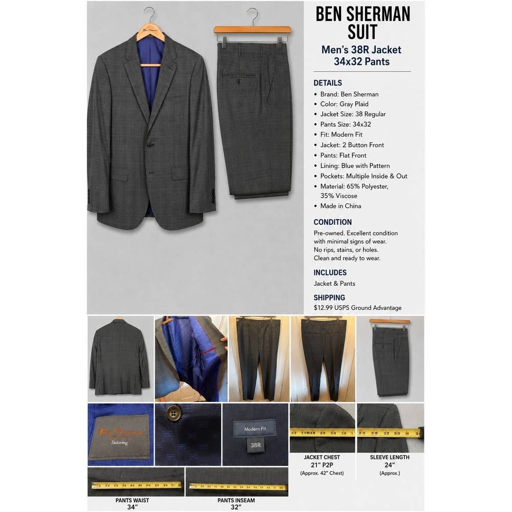 Ben Sherman Modern Fit Suit Gray Plaid 38R Jacket 34x32 Pants Two Button